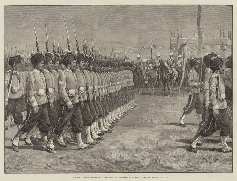 Prins Albert Victor i Indien, recension på Poonah, infödda infanteri som marscherar förbi av William Barnes Wollen