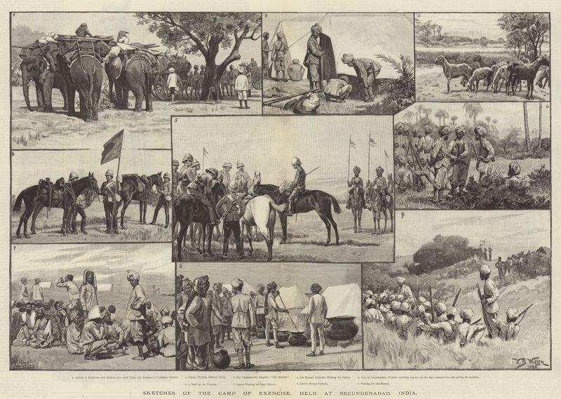 Skisser av träningslägret, som hölls i Secunderabad, Indien av William Barnes Wollen