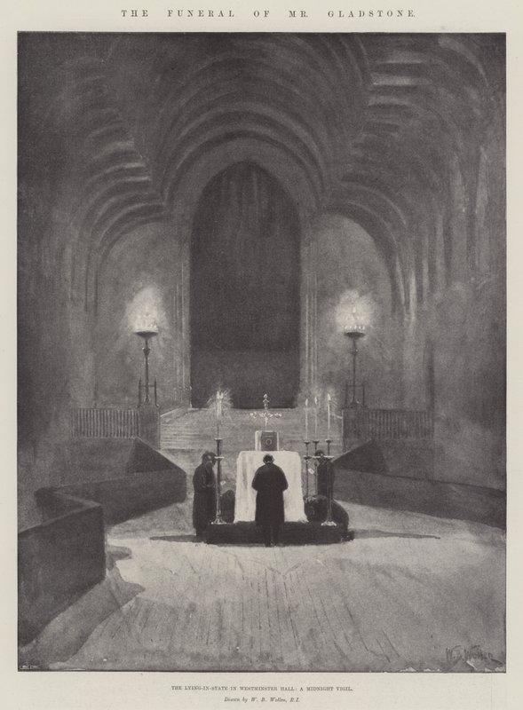Begravningen av Mr Gladstone, den som ligger i staten i Westminster Hall, en midnattsvaka av William Barnes Wollen