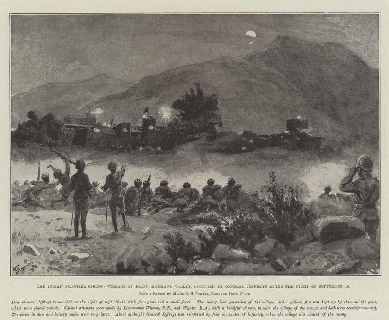Indian Frontier Rising, byn Bilot, Mohmand Valley, ockuperad av general Jeffreys efter kampen den 16 september av William Barnes Wollen