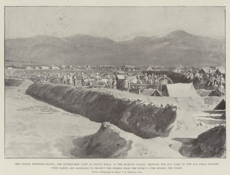 Indian Frontier Rising, det förskansade lägret vid Mayat Killa, i Mamund Valley, som visar Gun Park of the 10th Field Battery med jord och sandsäckar för att skydda hästarna från fiendens eld av William Barnes Wollen