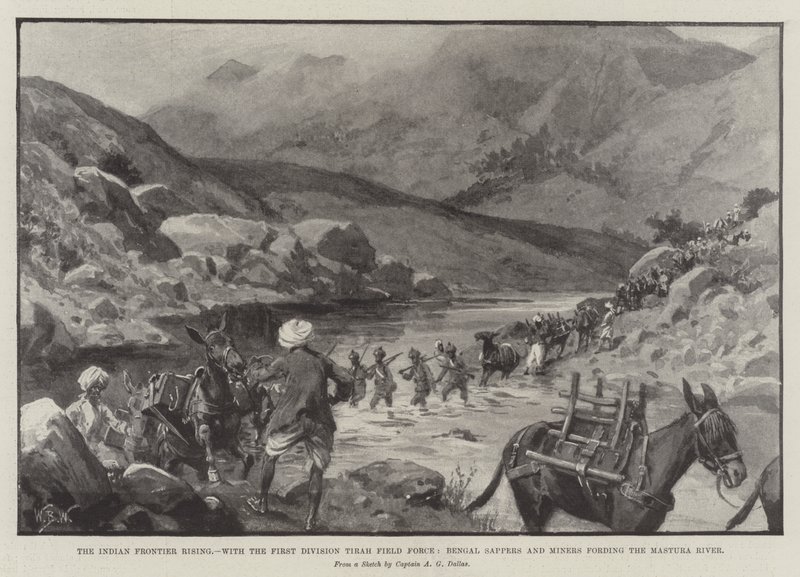 Indian Frontier Rising, med första divisionen Tirah Field Force, Bengal Sappers och gruvarbetare som forsar Mastura River av William Barnes Wollen