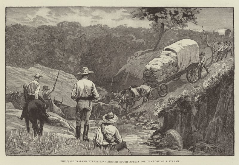 Mashonaland-expeditionen, brittisk polis i Sydafrika korsar en ström av William Barnes Wollen