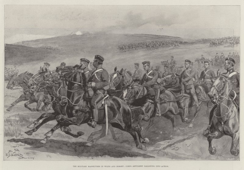 Militära manövrar i Wilts och Dorset, Corps Artillery galopperar in i Action av William Barnes Wollen