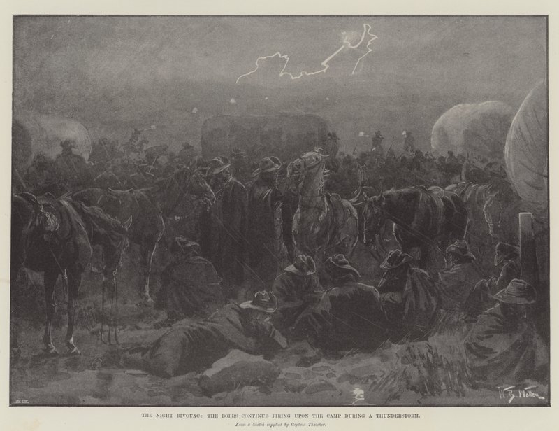 Nattlig bivack, boerna fortsätter att beskjuta lägret under ett åskväder. av William Barnes Wollen