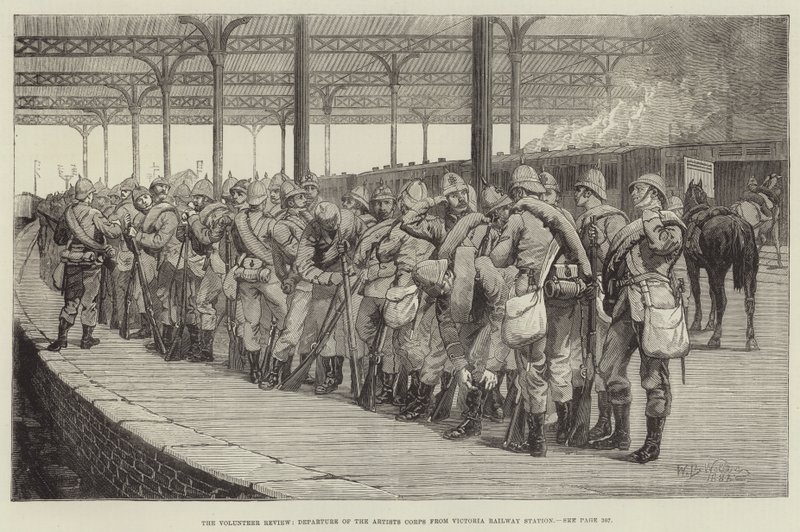 The Volunteer Review, Artists Corps avfärd från Victoria Railway Station av William Barnes Wollen