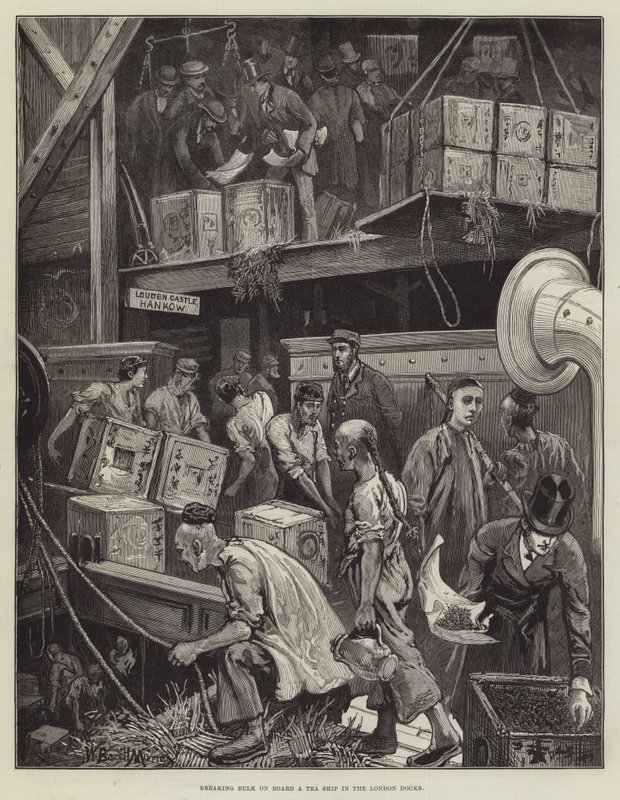 Bryter bulk ombord på ett teskepp i London Docks av William Bazett Murray