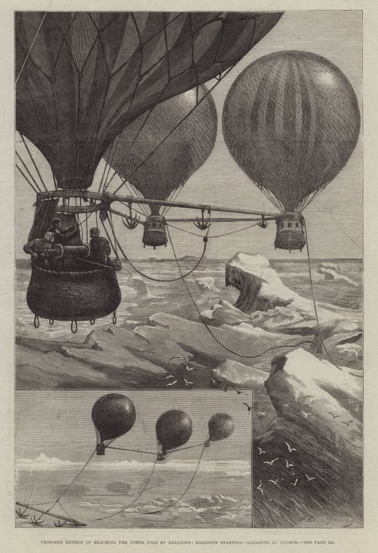 Föreslagen metod för att nå nordpolen med ballonger, ballonger som startar, ballonger vid ankar av William Bazett Murray