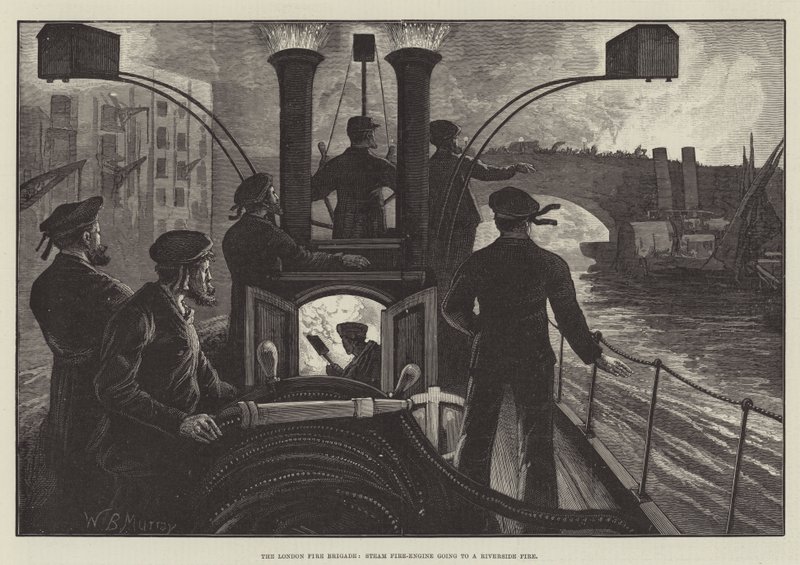 London Fire Brigade, ångbrandmotor på väg till en brand i en flodstrand av William Bazett Murray