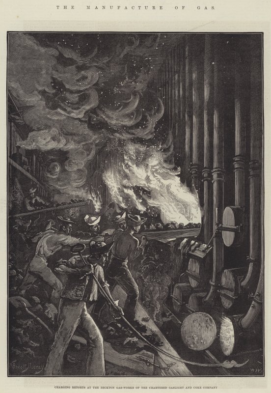 The Manufacture of Gas, laddar retorter vid Beckton Gas-Works i Chartered Gaslight and Coke Company av William Bazett Murray