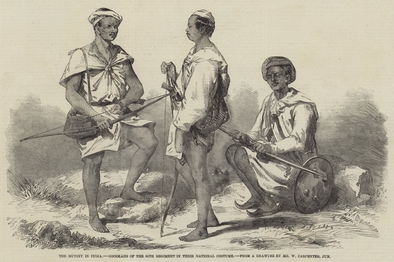 Myteriet i Indien, goorka från 66:e regementet i sin nationaldräkt av William Carpenter