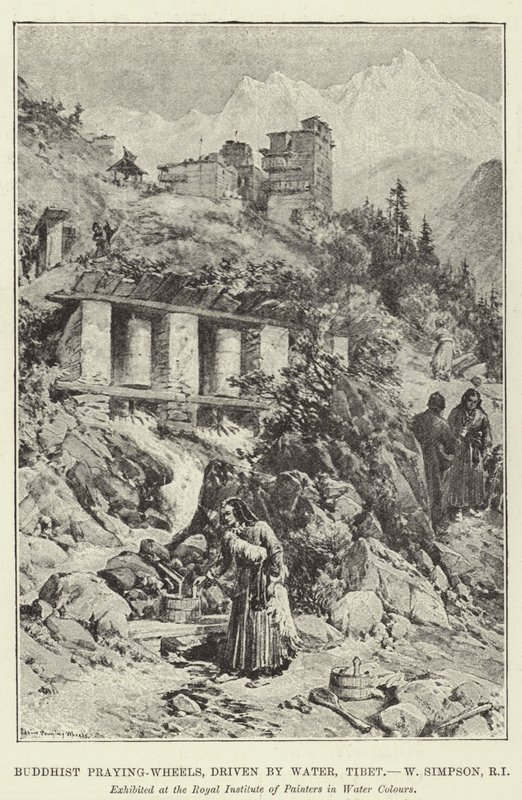 Buddhistiska bönhjul, drivna av vatten, Tibet av William Crimea Simpson