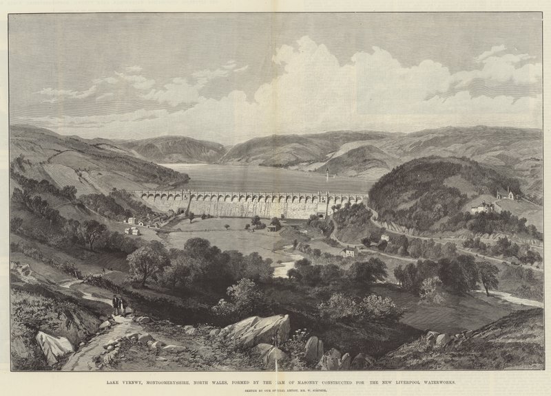 Lake Vyrnwy, Montgomeryshire, North Wales, bildad av Dam of Masonry byggd för New Liverpool Waterworks av William Crimea Simpson