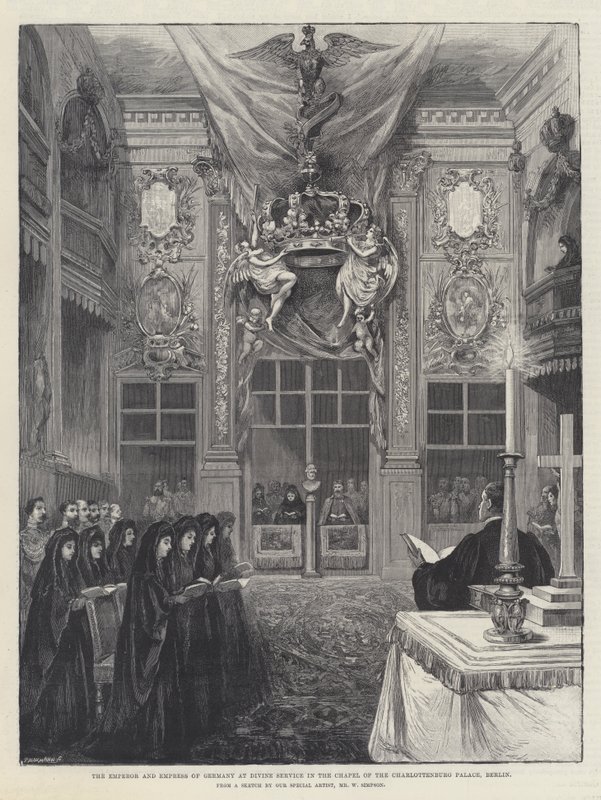Tysklands kejsare och kejsarinna vid gudstjänsten i Charlottenburgs slottskyrka, Berlin av William Crimea Simpson
