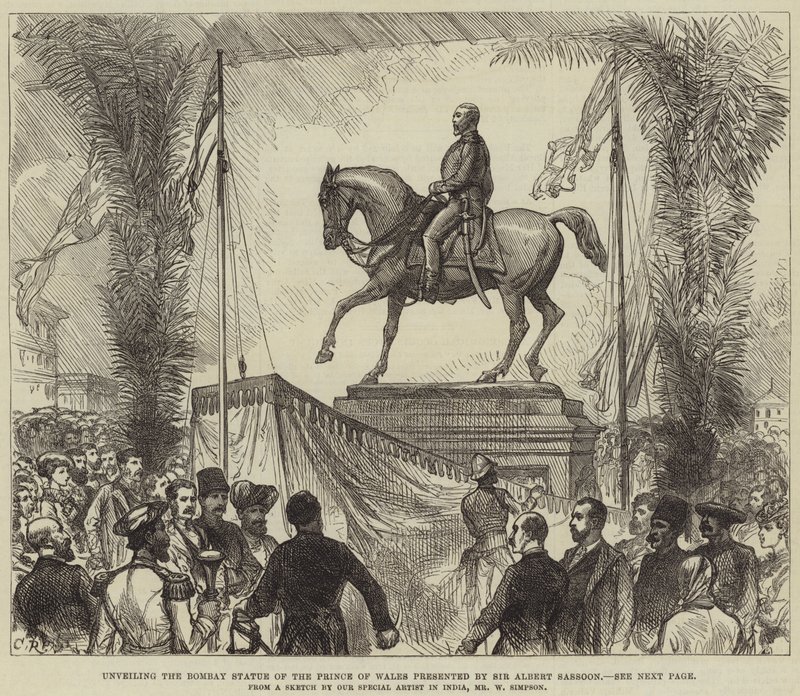 Avtäckning av Bombay-statyn av prinsen av Wales som presenterades av Sir Albert Sassoon av William Crimea Simpson