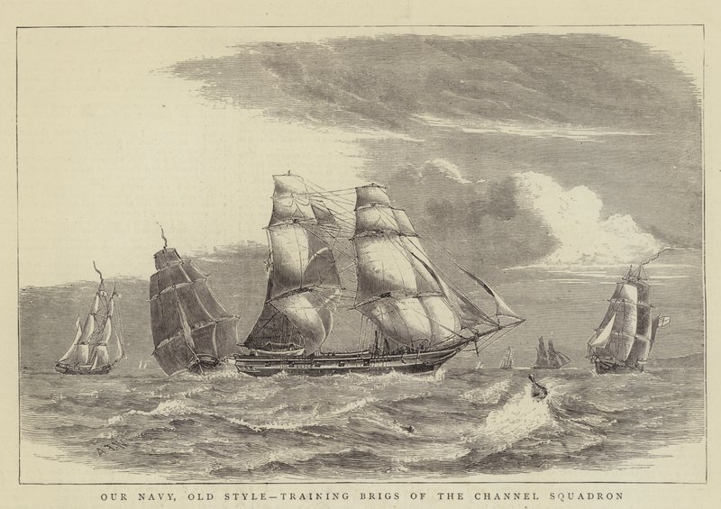 Vår flotta, gammal stil, träningsbriggar från Channel Squadron av William Edward Atkins