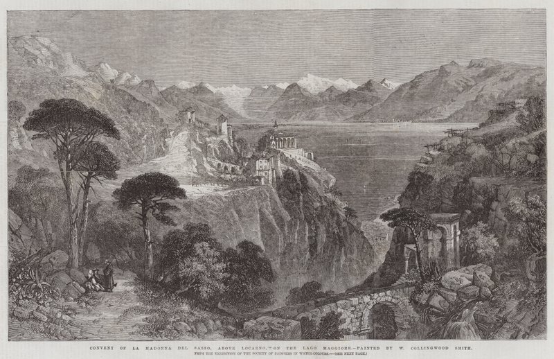 Klostret La Madonna del Sasso, ovanför Locarno, vid Lago Maggiore, från utställningen av Society of Painters in Water-Colours av William Harding Collingwood Smith