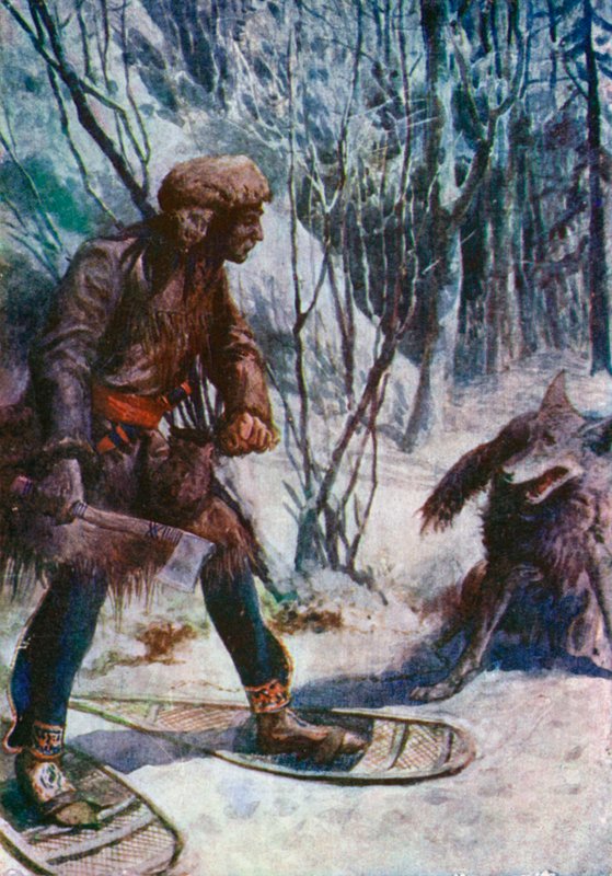 En stor varg går mot honom och landar nästan vid hans fötter av William Henry Charles Groome