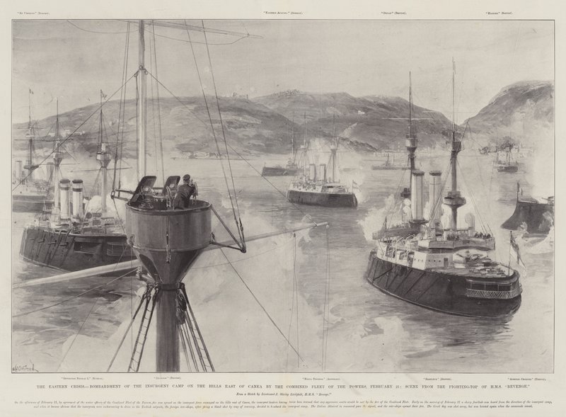 Den östra krisen, bombning av upprorslägret på kullarna öster om Canea av makternas kombinerade flotta den 21 februari, scen från HMS Revenges stridstopp av William Heysham Overend