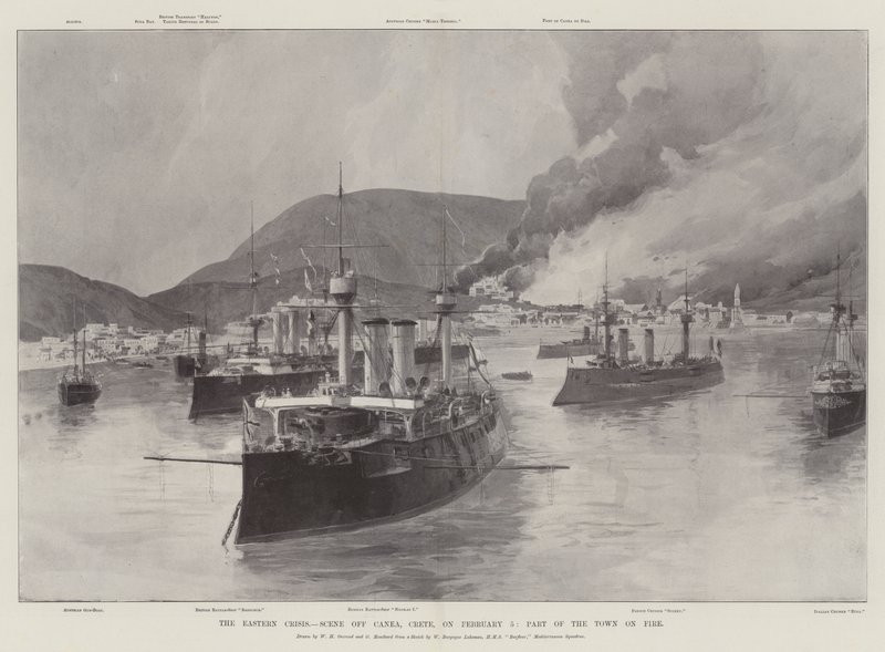 The Eastern Crisis, scen utanför Canea, Kreta, den 5 februari, en del av staden i brand av William Heysham Overend