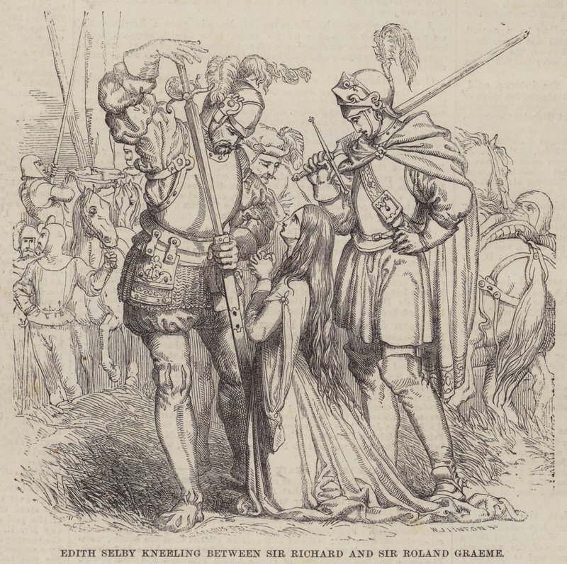 Edith Selby knäböjer mellan Sir Richard och Sir Roland Graeme av William James Linton