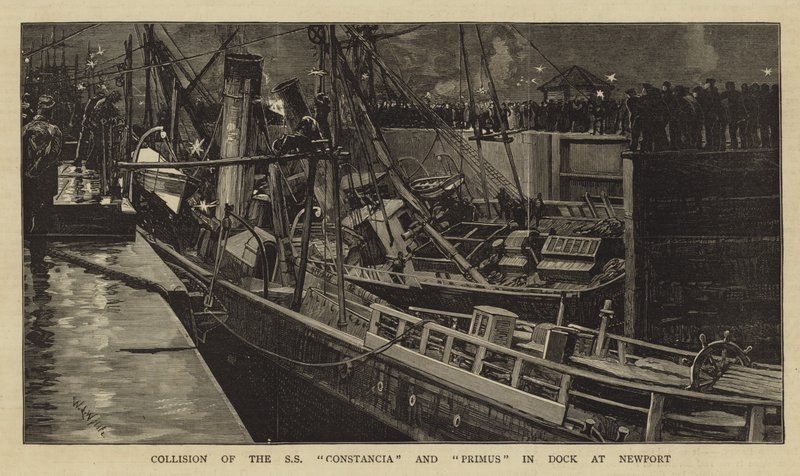 Kollision av SS Constancia och Primus i Dock vid Newport av William Lionel Wyllie