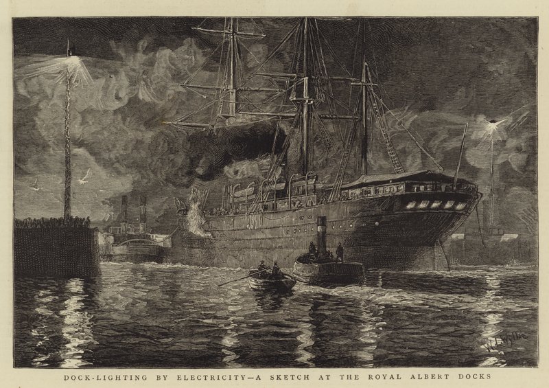 Dock-belysning med elektricitet, en skiss vid Royal Albert Docks av William Lionel Wyllie