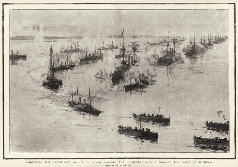 Farväl! Marinens sista hälsning till drottning Victoria, Alberta som passerar genom flottan vid Spithead av William Lionel Wyllie