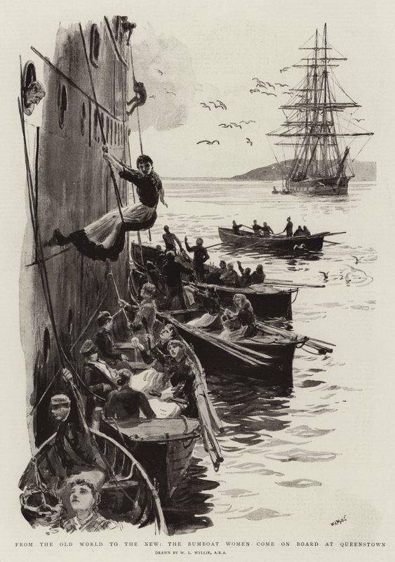 Från den gamla världen till den nya kommer Bumboat Women ombord på Queenstown av William Lionel Wyllie