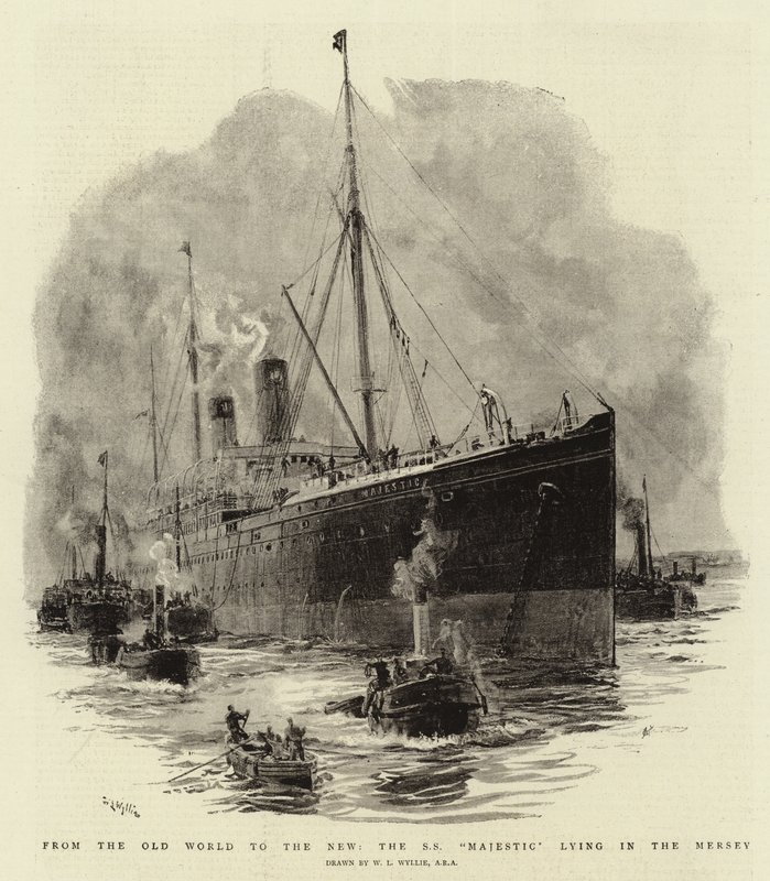 Från den gamla världen till den nya, S S Majestic som ligger i Mersey av William Lionel Wyllie