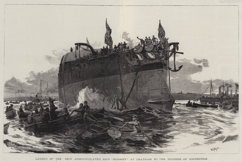 Hertiginnan av Edinburgh sjösätter det nya bepansrade fartyget Rodney i Chatham av William Lionel Wyllie