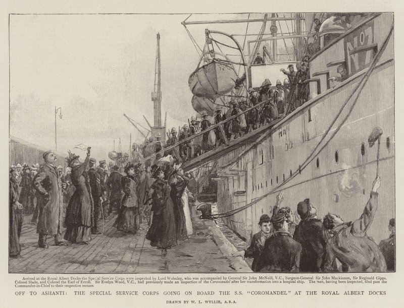 Iväg till Ashanti, Special Service Corps som går ombord på SS Coromandel vid Royal Albert Docks av William Lionel Wyllie