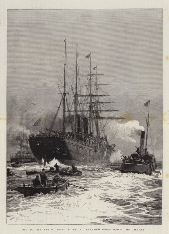 Iväg till Antipodes, en P och O Steamer som går nerför Themsen av William Lionel Wyllie