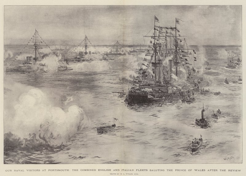 Våra sjöbesökare i Portsmouth, de kombinerade engelska och italienska flottorna hälsar prinsen av Wales efter granskningen av William Lionel Wyllie