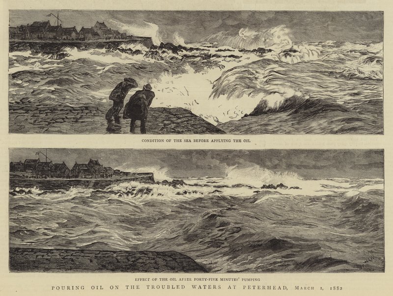 Häller olja på de oroliga vattnen i Peterhead, 1 mars 1882 av William Lionel Wyllie