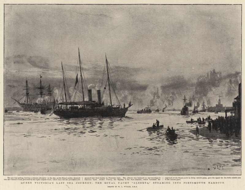 Drottning Victorias sista sjöresa, Royal Yacht Alberta, ångar in i Portsmouths hamn av William Lionel Wyllie