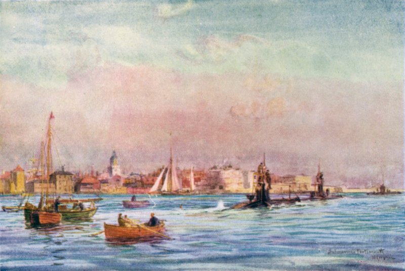 Ubåtar som lämnar Portsmouths hamn av William Lionel Wyllie