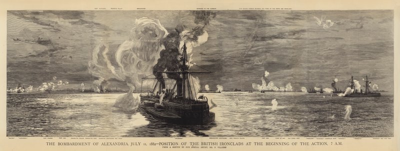 The Bombardment of Alexandria, 11 juli 1882, de brittiska järnklädnas position i början av aktionen, kl. av William Lionel Wyllie