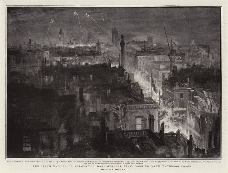 Upplysningarna på kröningsdagen, allmän utsikt, tittar ner på Waterloo Place av William Lionel Wyllie