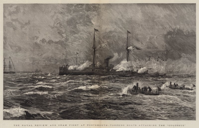 Naval Review och Sham Fight at Portsmouth, Torpedobåtar som attackerar Colossus av William Lionel Wyllie