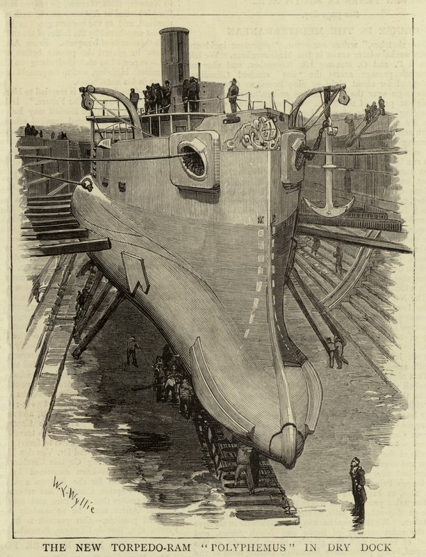 Den nya torpedbommen Polyphemus i torrdocka av William Lionel Wyllie
