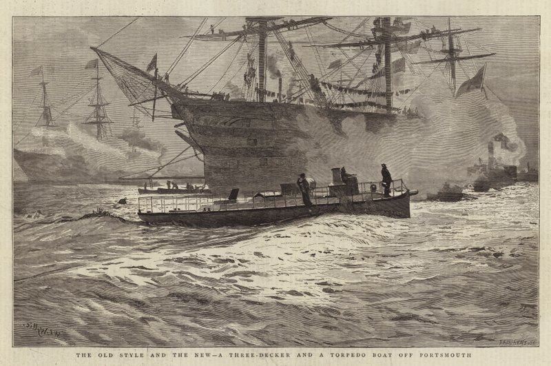 Den gamla stilen och den nya, en tredäckare och en torpedbåt utanför Portsmouth av William Lionel Wyllie