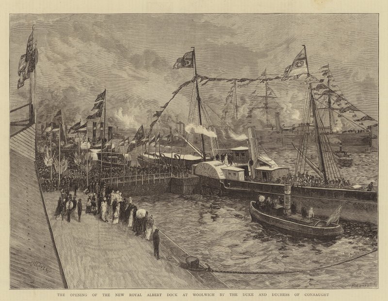 Invigningen av New Royal Albert Dock i Woolwich av hertigen och hertiginnan av Connaught av William Lionel Wyllie