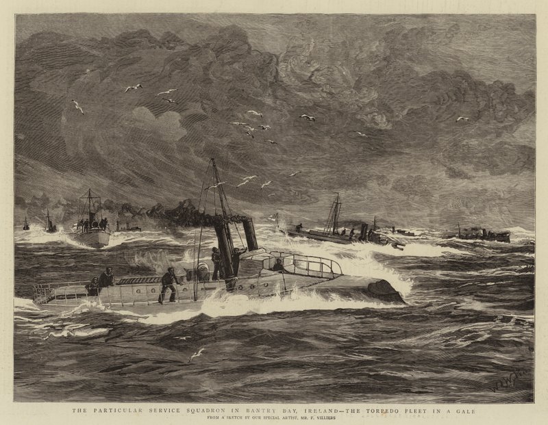 Special Service Squadron i Bantry Bay, Irland, Torpedflottan i storm av William Lionel Wyllie