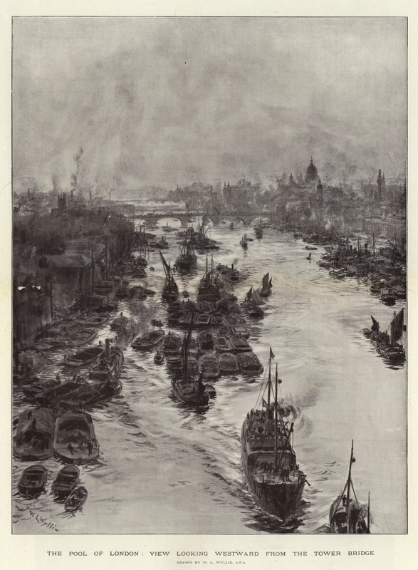 Poolen i London, utsikt västerut från Tower Bridge av William Lionel Wyllie
