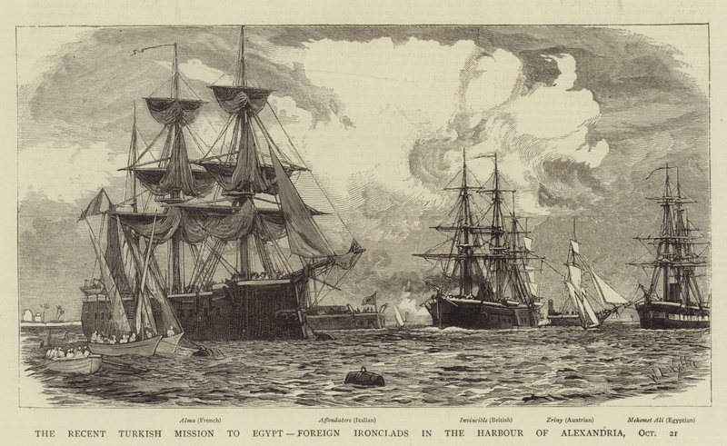 Den senaste turkiska missionen till Egypten, utländska järnklädda i hamnen i Alexandria, 21 oktober av William Lionel Wyllie