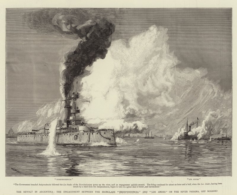 Revolten i Argentina, förlovningen mellan Ironclads Independencia och Los Andes vid floden Parana, utanför Rosario av William Lionel Wyllie