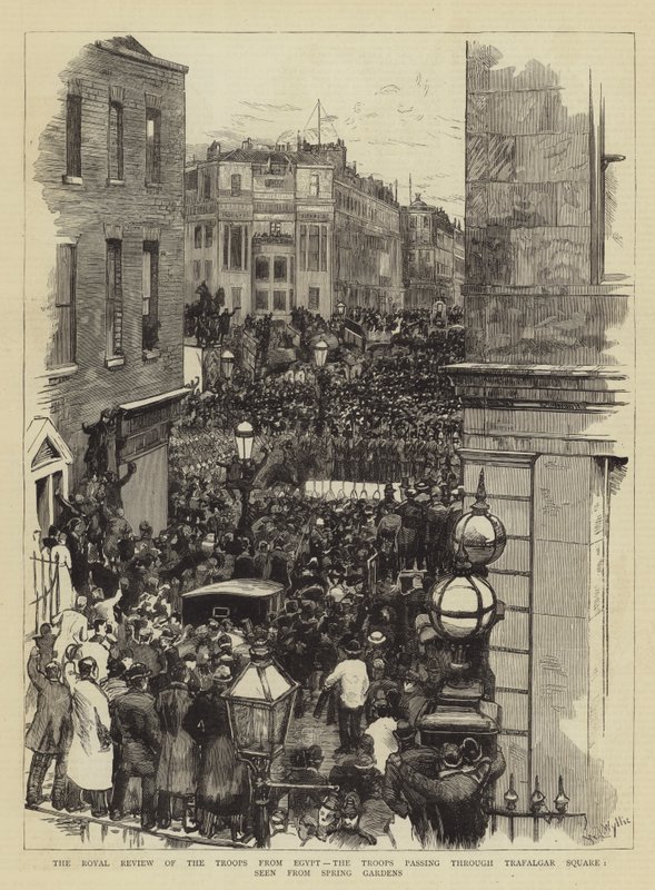 Den kungliga recensionen av trupperna från Egypten, trupperna som passerar genom Trafalgar Square, sett från Spring Gardens av William Lionel Wyllie
