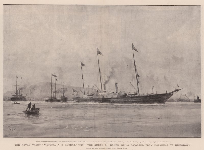 Den kungliga båten Victoria and Albert, med drottningen ombord, eskorteras från Holyhead till Kingstown. av William Lionel Wyllie