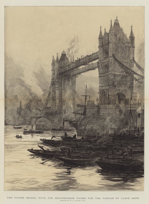 Tower Bridge, med klaffbroarna upphöjda för passage av stora fartyg av William Lionel Wyllie